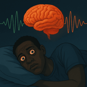 Illustration of a sleep deprived Black man lying in bed with wide, tired eyes, while a glowing brain above him emits colorful sound waves, representing how the brain continues to process sound during sleep.