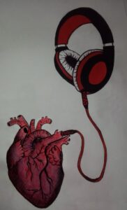 Anatomical heart connected to a pair of headphones, symbolizing the connection between music and heart rate.