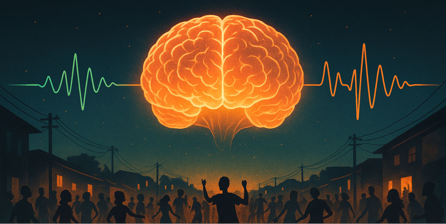 Glowing orange brain hovering above a township at night with heartbeat-like waveforms stretching across the sky. Silhouettes of people dancing in the street reflect how Amapiano music affects the brain and body after dark.