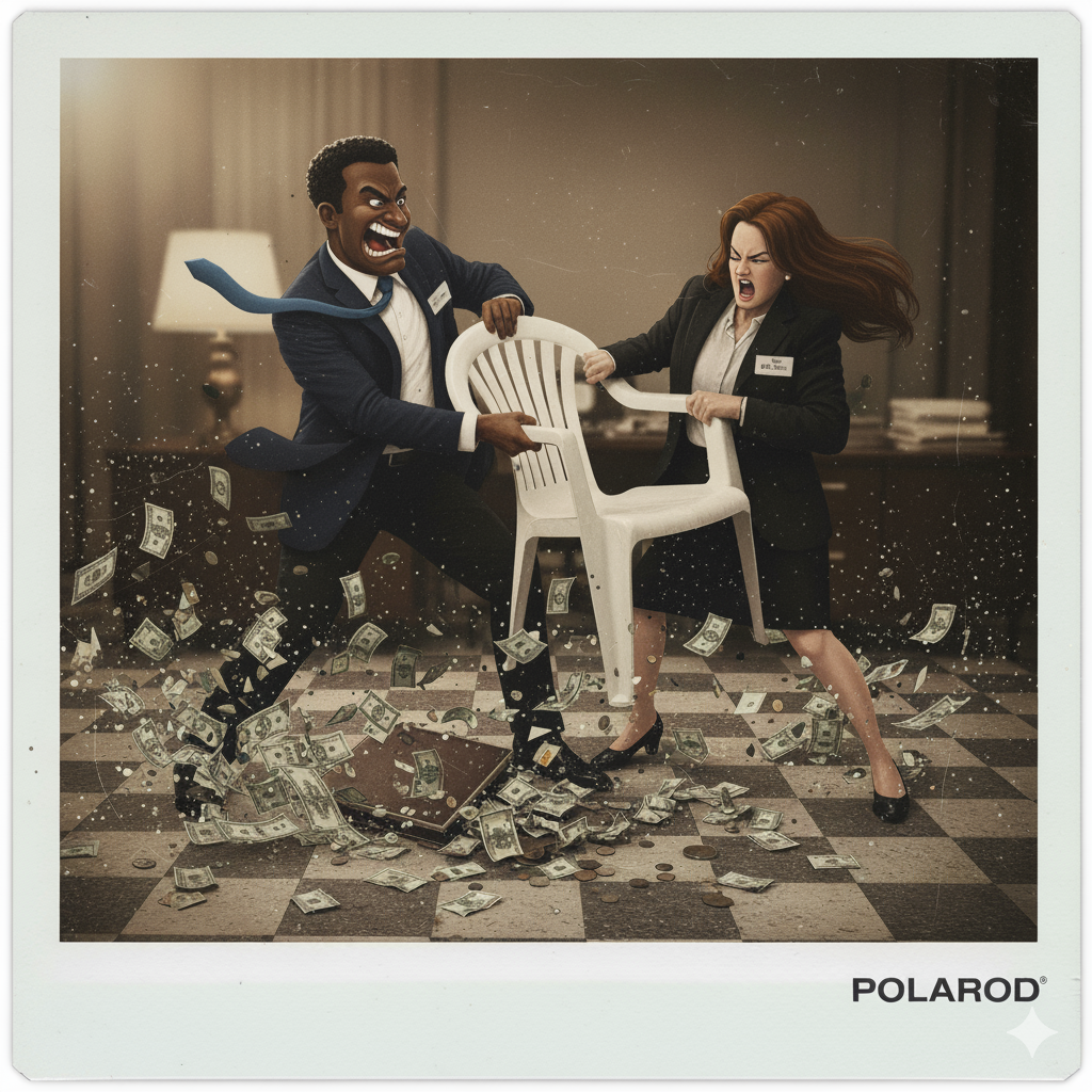 Two office workers, a man and a woman, fiercely tugging on a plastic chair amid flying money, symbolizing the struggle for status over wealth.