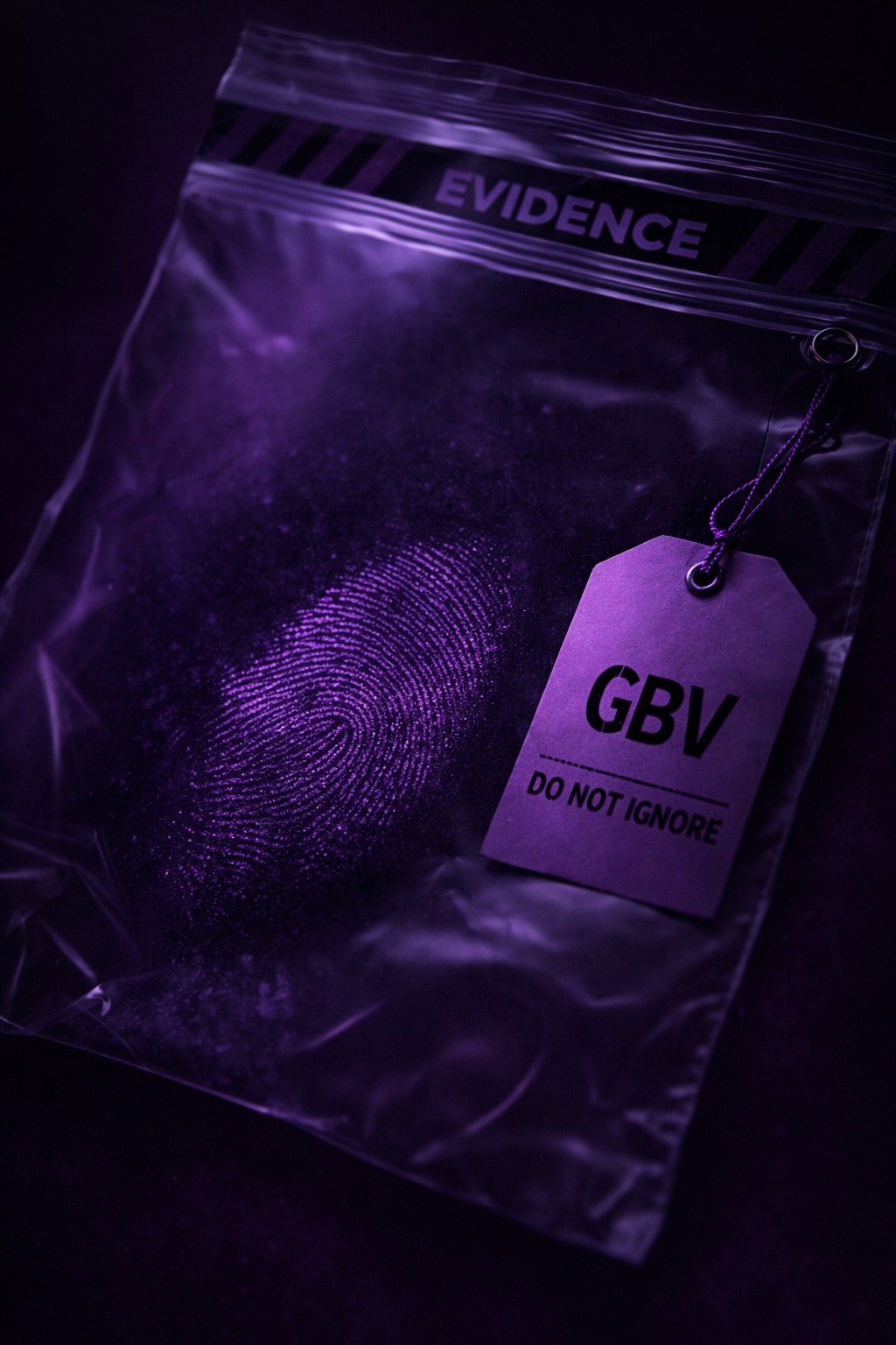 A purple-lit forensic evidence bag containing a fingerprint, tagged “GBV – Do Not Ignore,” against a dark background.