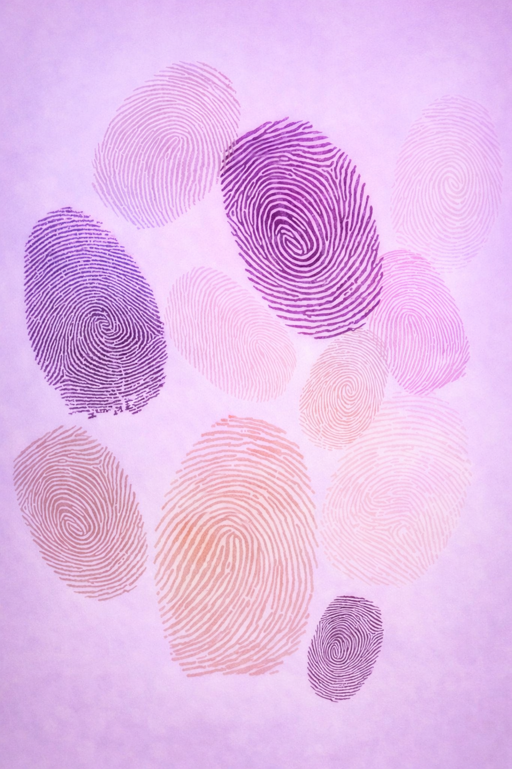 Abstract fingerprints in different skin tones illuminated with a soft purple light, symbolising touch DNA, forensic evidence, and solidarity with victims of gender-based violence.