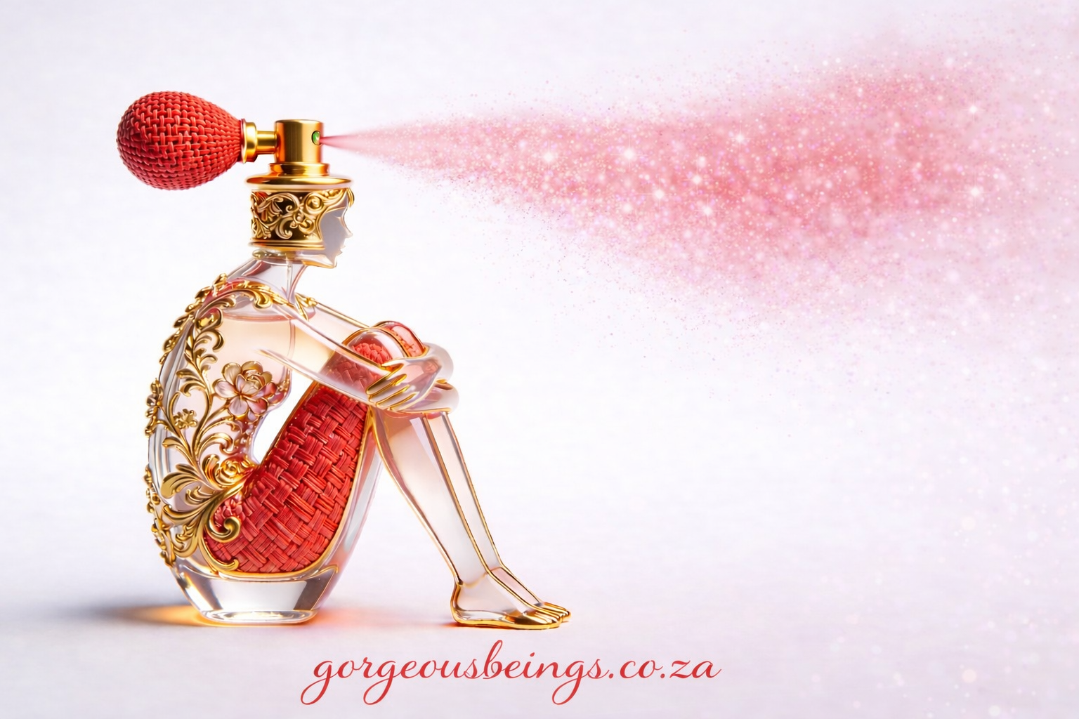 Elegant glass perfume bottle shaped like a seated figure releasing a soft red mist into a minimal background, illustrating scent transformation over time.
