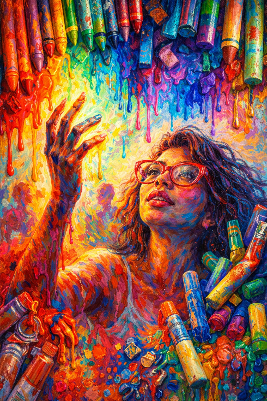 A vibrant abstract artwork featuring dripping paint, crayons, and pastels in bold contrasting colours, forming a textured, expressive composition that blends different artistic materials into one unified visual narrative.