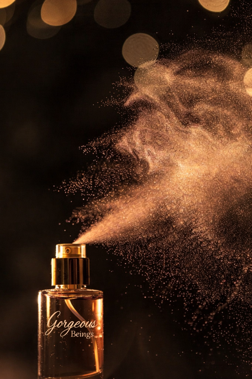 Golden perfume bottle spraying a fine mist of glowing fragrance particles against a dark background, illustrating the dispersion of scent molecules in the air.