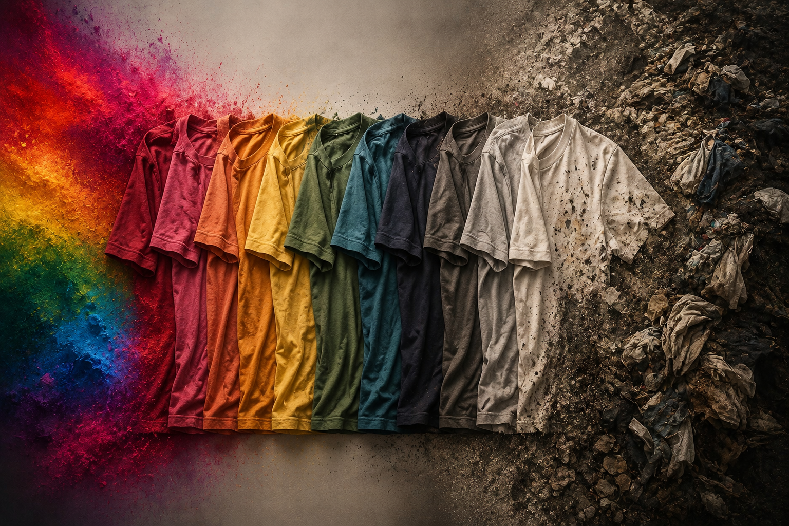 Row of colourful T-shirts gradually fading into grey and white, ending beside a textile waste landfill, illustrating the environmental cost of colour-driven fashion.