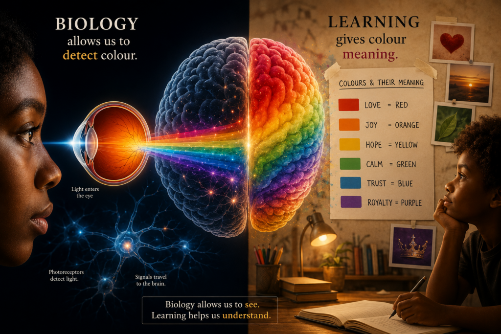 Illustration showing how colour perception begins with the eye and brain before learning, language, and culture give colours meaning and influence how we understand them.