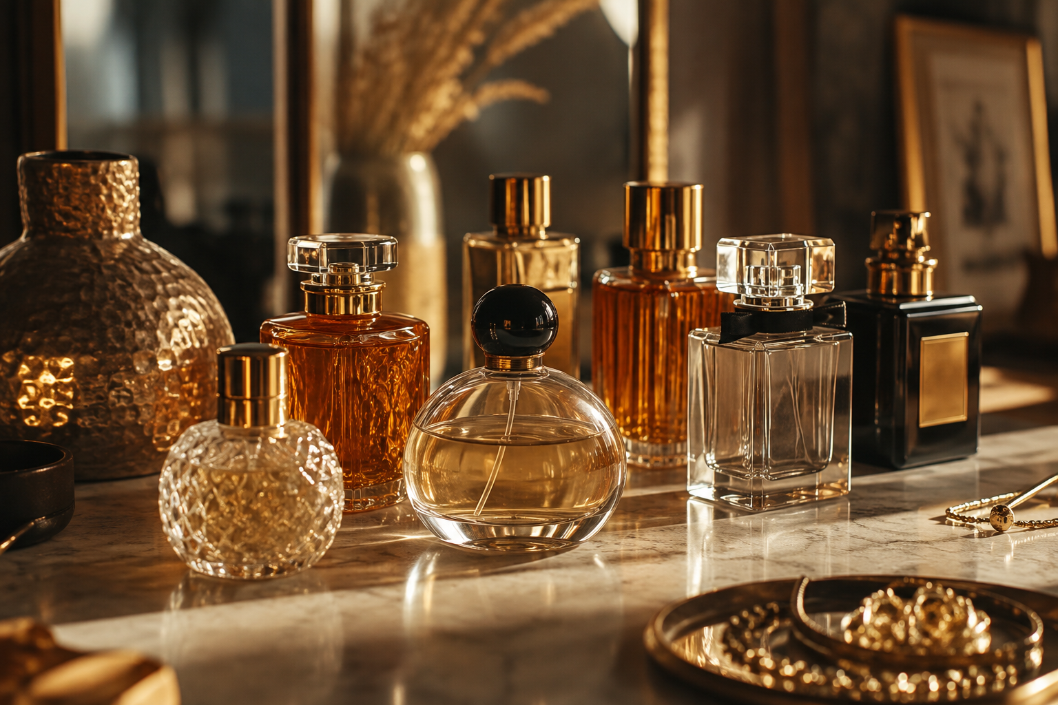 Collection of perfume bottles arranged on a marble vanity in warm golden light.