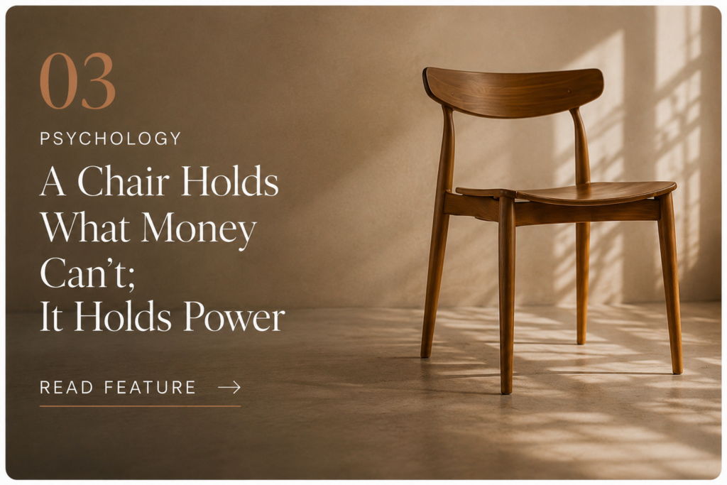 Wooden chair in a warmly lit room illustrating a psychology feature about money, power and social status.