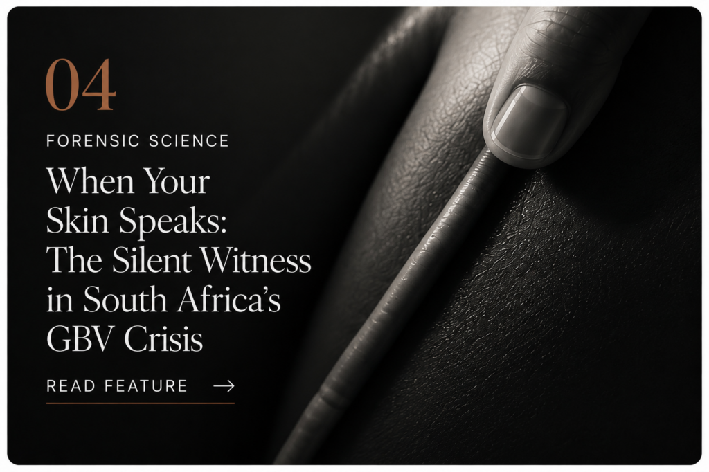 Close-up of a forensic examination of skin using a magnifying tool, illustrating an article about forensic science and South Africa’s GBV crisis.