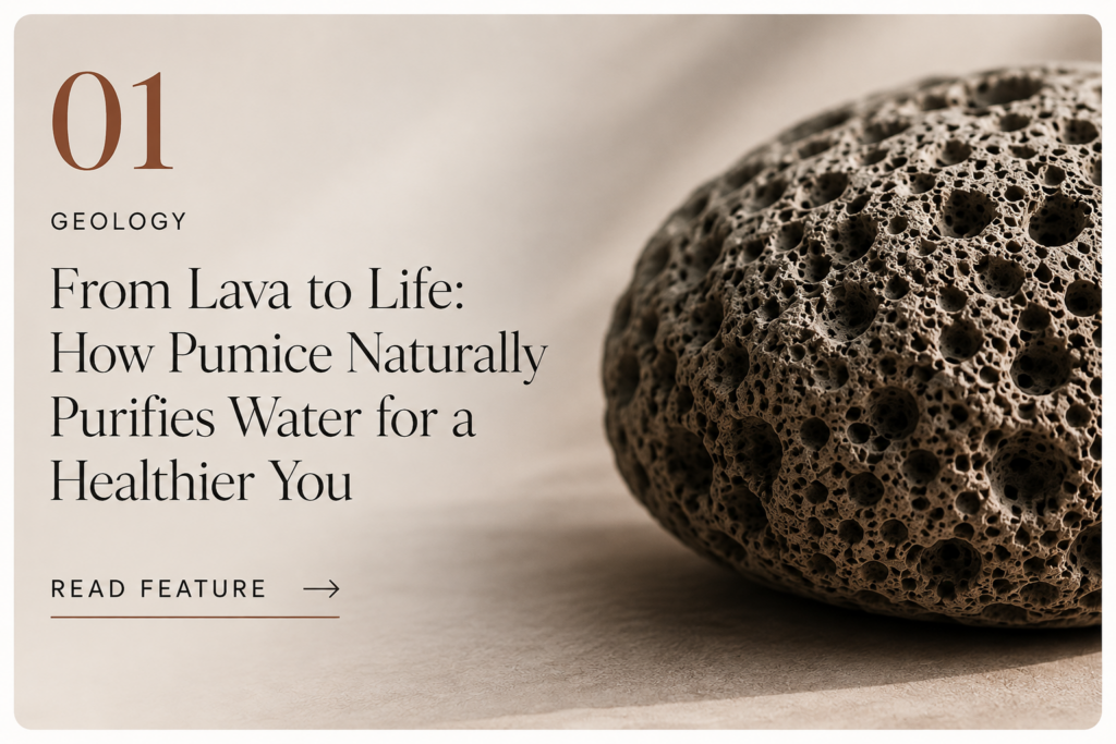 Pumice stone beside editorial text introducing a Gorgeous Beings geology feature about how pumice naturally purifies water.