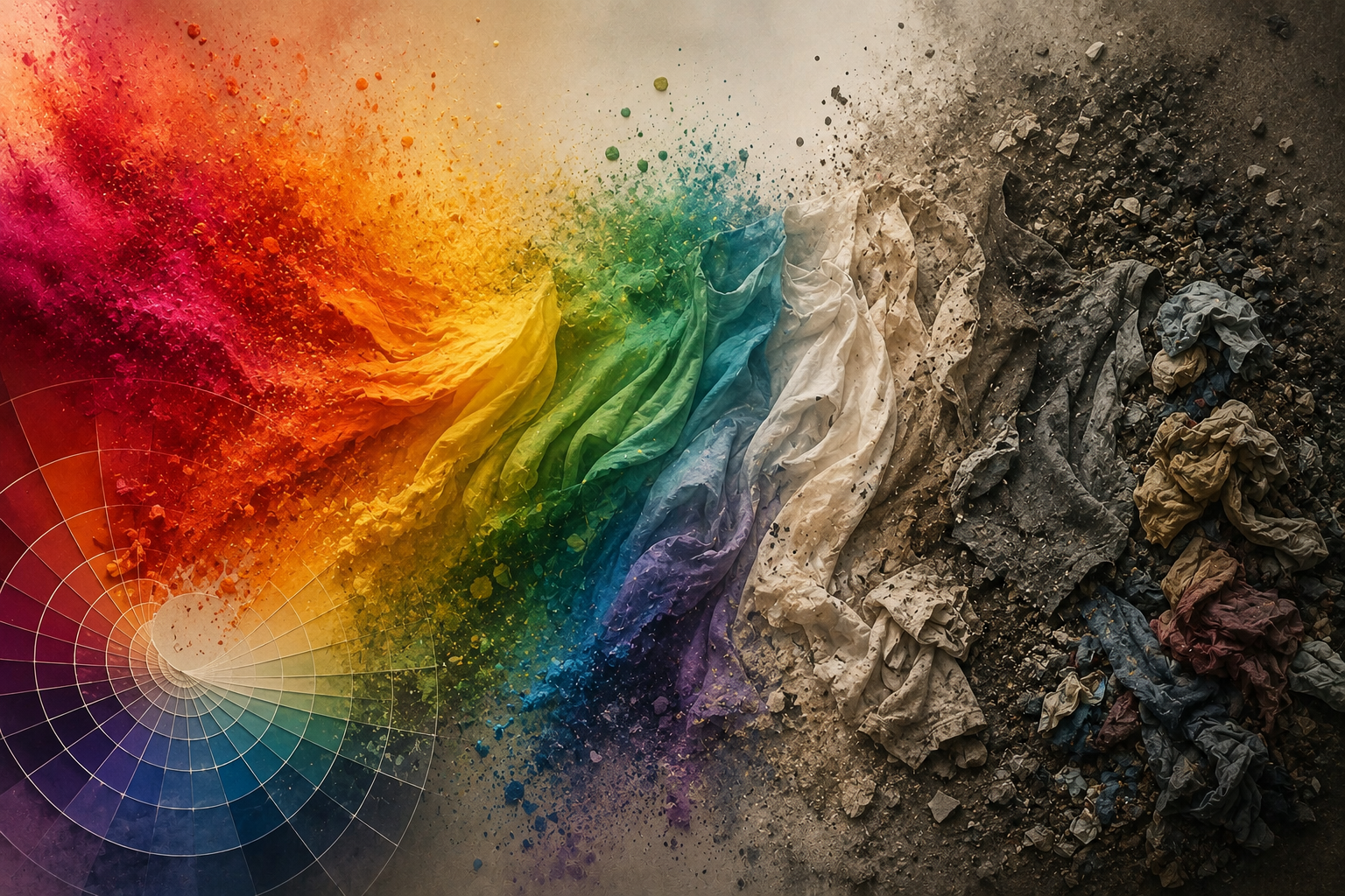 Conceptual illustration showing vibrant rainbow colours gradually fading into discarded clothing and textile waste, symbolising the relationship between colour trends, fashion consumption, and environmental pollution.